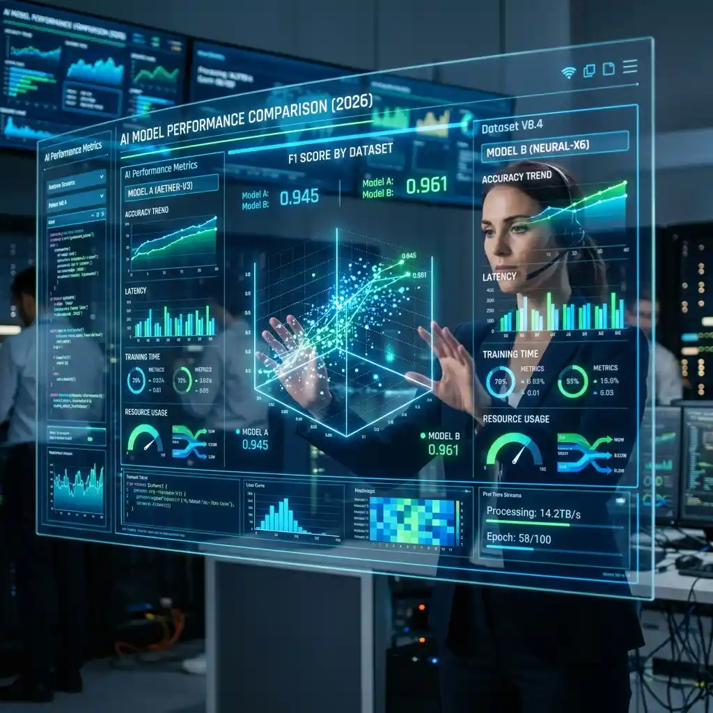 A sleek, modern 2026 data science dashboard displaying massive datasets and charts