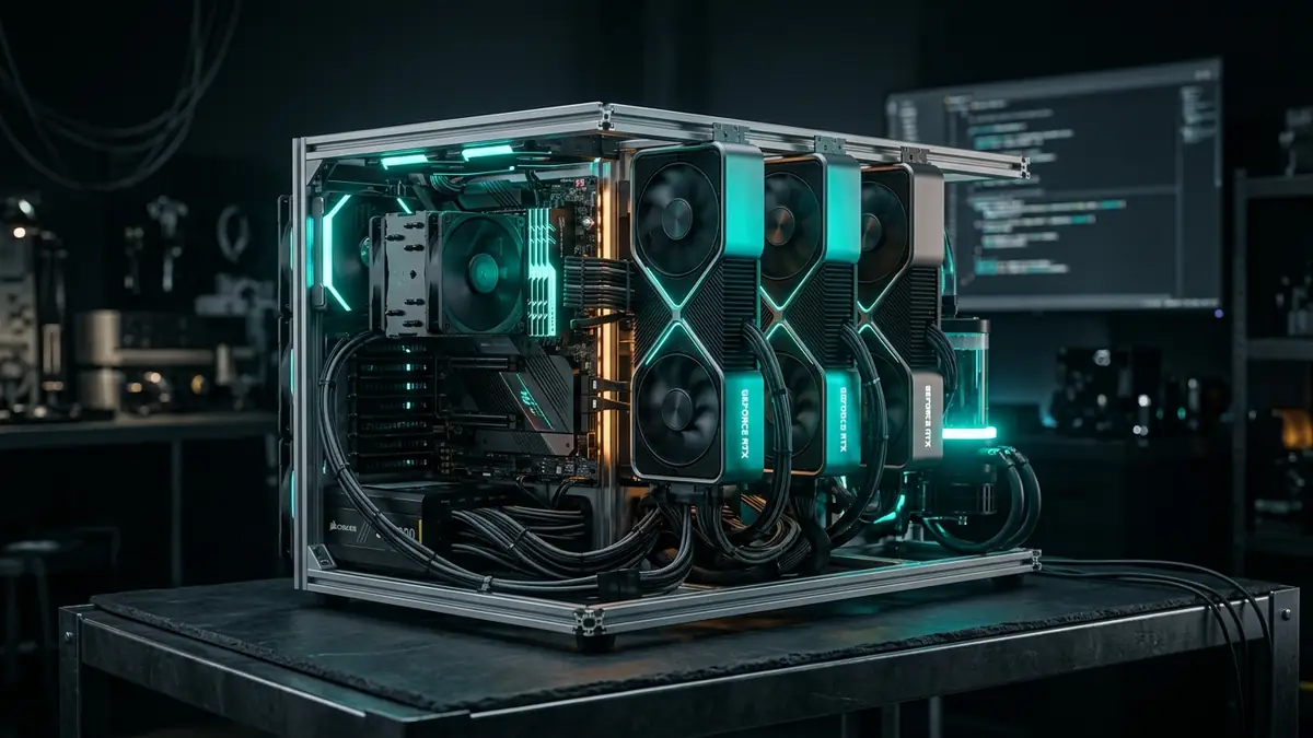 Open-frame multi-GPU AI server rig with RTX 3090 cards in a cinematic dark studio environment