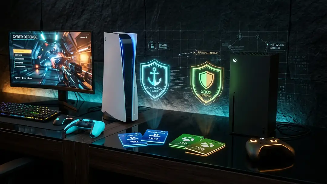 Visual guide to PlayStation 5 and Xbox game sharing, digital rewards gift cards, and cybersecurity defense against fake GTA 6 PC installers