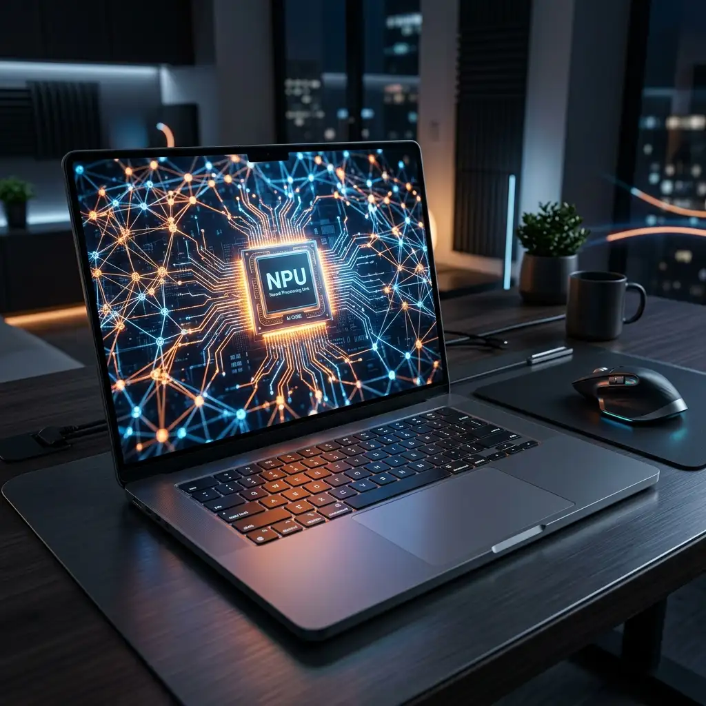 Modern laptop displaying neural network visualization for AI development