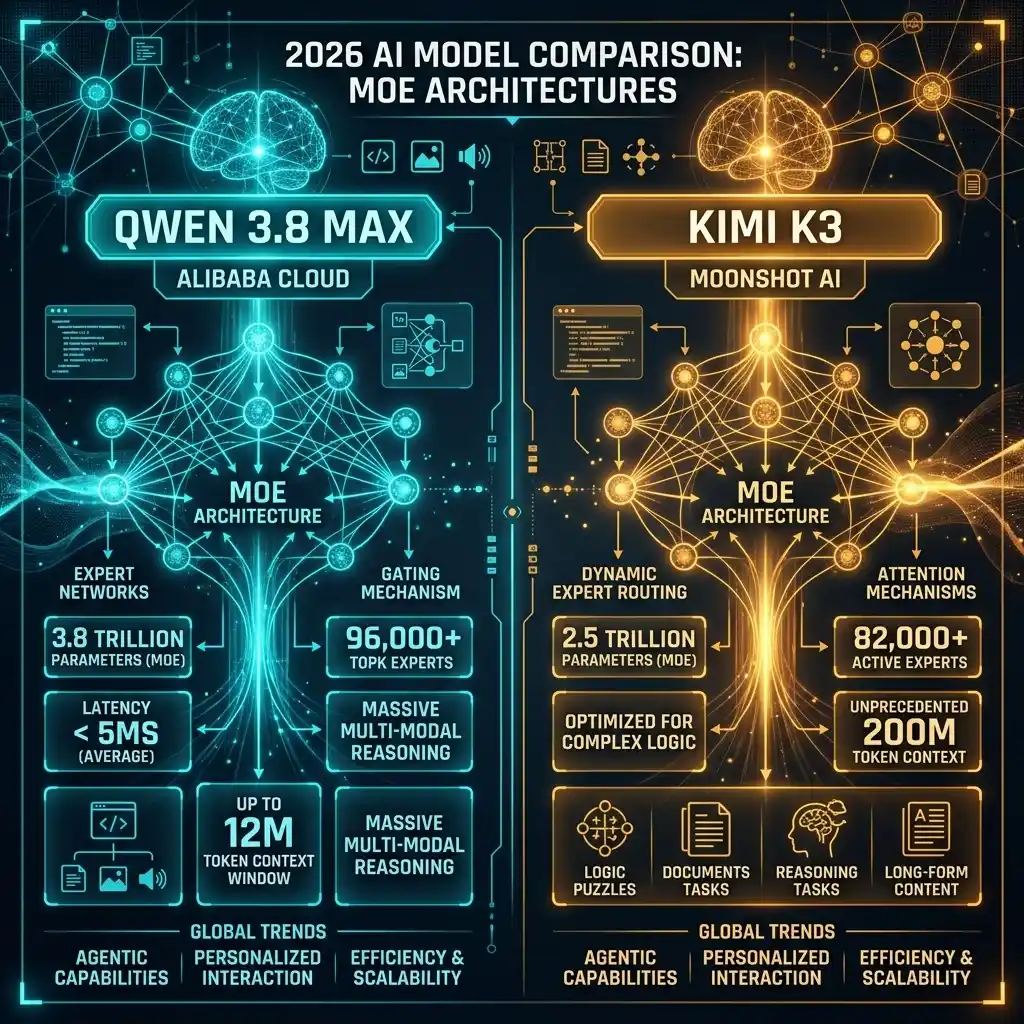 Architectural comparison between Qwen 3.8 Max and Kimi K3 frontier AI models
